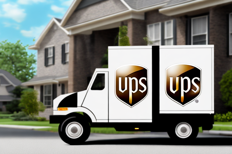 A UPS delivery truck is parked in a suburban neighborhood, in front of a house with brick walls and white-framed windows. With the sky clear except for a few clouds, residents can easily obtain UPS delivery proof amidst this serene setting.