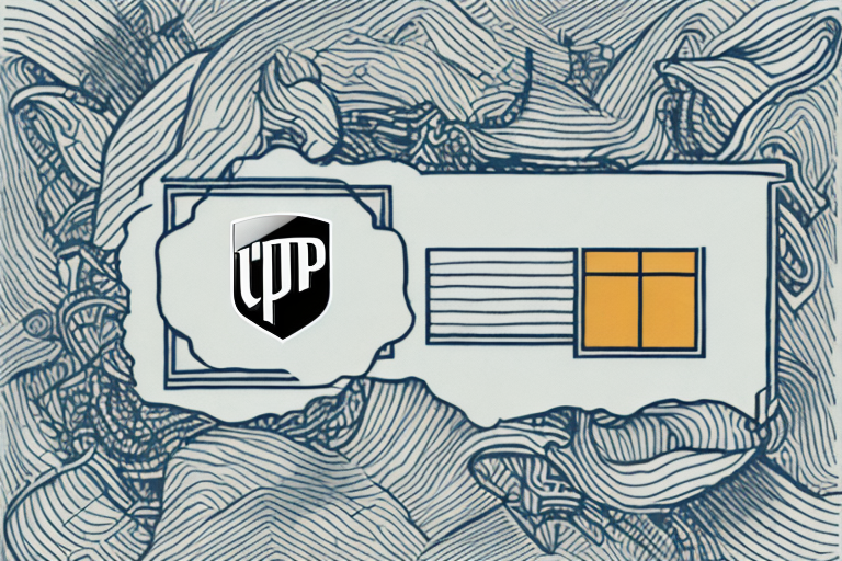 An abstract illustration with swirling lines highlights a stylized black shield logo featuring white IUP text on the left. To the right, resembling a UPS Return Label, is a rectangular shape with three vertical lines and a bright orange window-like square.