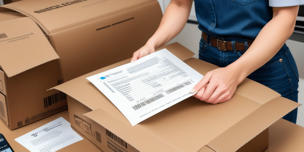 A person packs a shipping box with a printed label on top, possibly generated using UPS WorldShip. Other unfolded cardboard boxes are visible nearby. The individual, dressed in a blue apron and jeans, appears immersed in their warehouse duties.