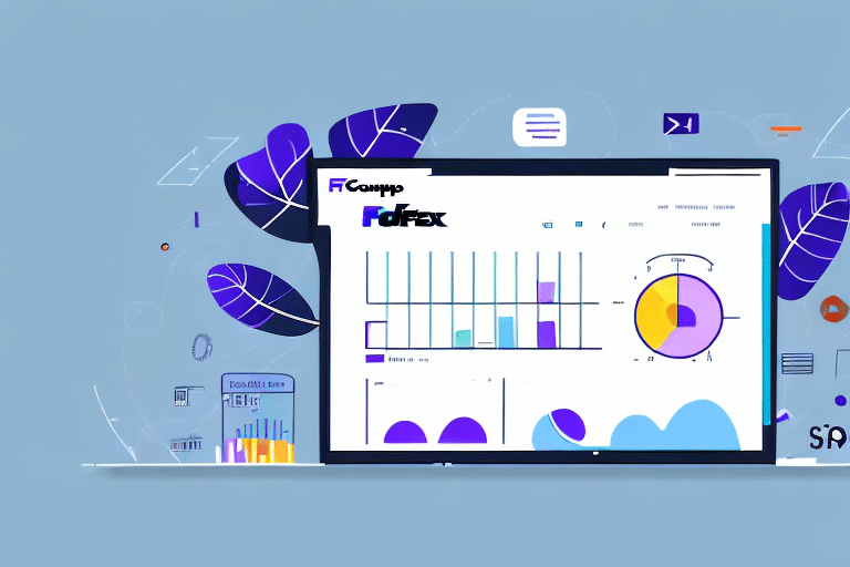 A digital illustration of a computer screen displays FedEx Ship Manager data, including bar charts, a pie chart, and graphical elements like an End of Day Report. Abstract leaf shapes and decorative icons enhance the scene against a blue background.