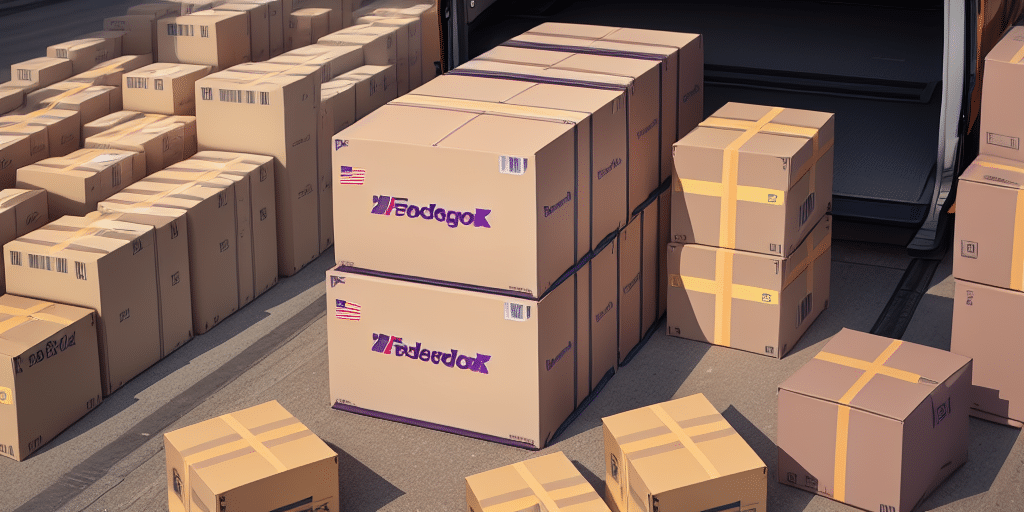 Stacks of variously sized cardboard boxes labeled FedEx are arranged beside and inside a van. The boxes, featuring American flags and purple logos, hint at shipping in progress with FedEx Ship Manager potentially used to print labels or process a Dangerous Goods Declaration.