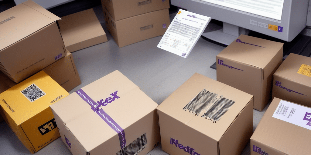A collection of cardboard boxes with barcodes and labels is stacked around a computer monitor running FedEx Ship Manager on a gray floor. A printed document, serving as a test label, is suspended above a box in front of the monitor.
