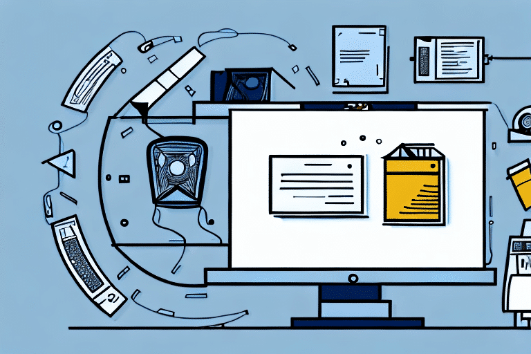 Illustration of a computer monitor displaying digital files, with disassembled electronic components like a speaker, keyboard, and cables, all on a blue background. The scene hints at Print to PDF functionality for efficient file handling.