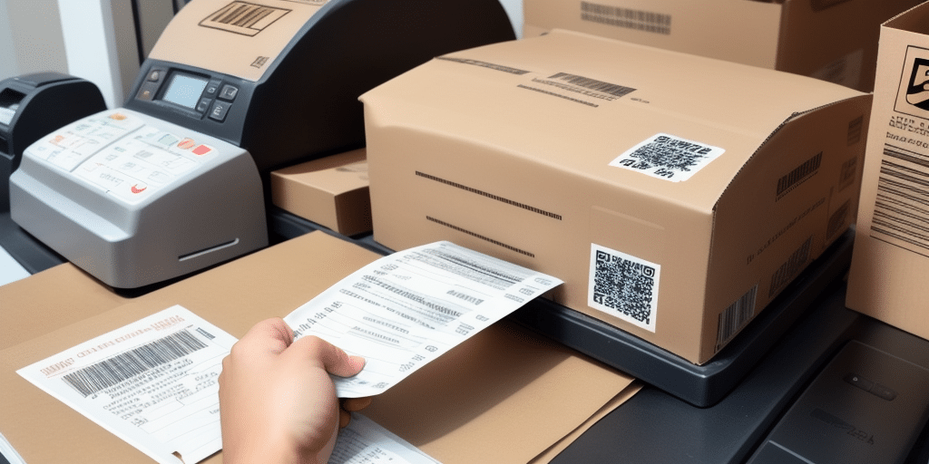 A hand holds a shipping label in front of a printer, with cardboard boxes featuring QR codes and barcodes in the background. The scene suggests a packaging or shipping process using UPS Worldship, efficiently managing package labels for seamless delivery.