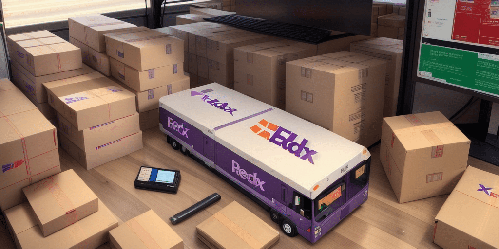 A small delivery truck model with FedEx branding is surrounded by numerous cardboard boxes. The setting seems like a logistics hub, featuring a handheld device and pen lying nearby, hinting at the use of FedEx Ship Manager for efficient shipping operations in this bustling warehouse.