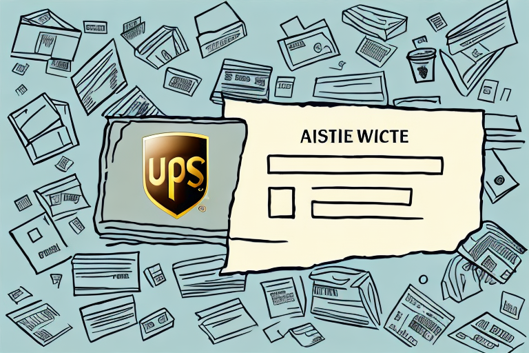 Illustration of numerous envelopes and packages surrounding a large envelope featuring the UPS logo and stylized text AISTIE WICTE with address information lines, set against a blue background.
