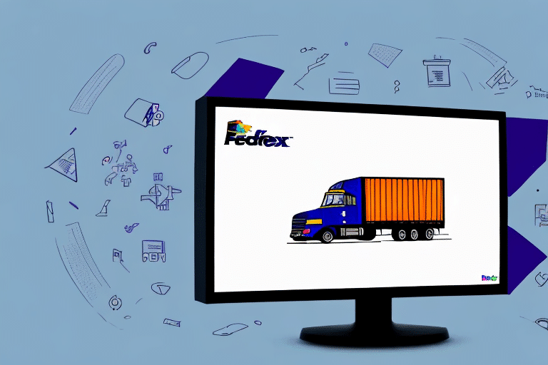 The monitor screen shows a graphic of a FedEx delivery truck against a white background, surrounded by assorted small icons floating on a blue backdrop, highlighting the seamless integration with FedEx Ship Manager for enhanced efficiency.