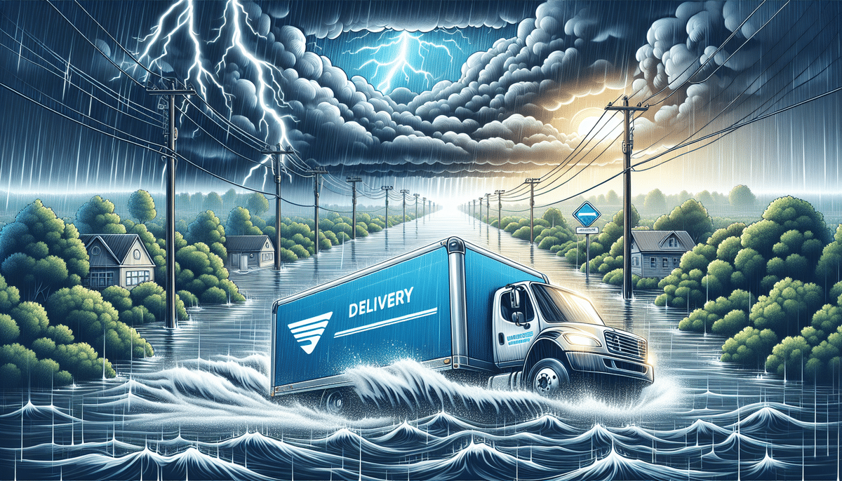A delivery truck navigates a flooded street during a powerful storm, facing a FedEx Weather Delay Exception. Lightning strikes the dark sky as houses and trees along the road are partially submerged. Power lines loom overhead, highlighting the storms intensity.