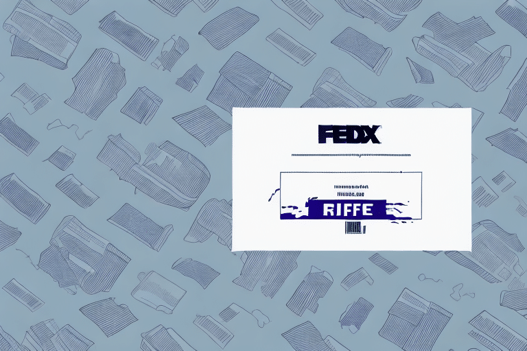 A stylized package featuring prominent FEDX branding and a large RIFFE label. The background is a blue-gray with abstract line drawings of various package shapes scattered throughout, reminiscent of designs you might find when using the FedEx Ship Manager to print a shipping label.