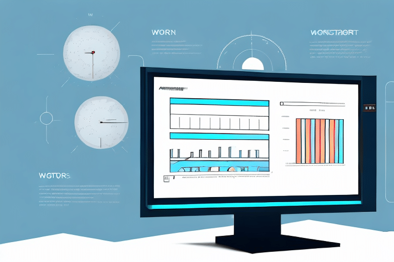 A computer monitor displays a bar graph and a chart against a blue background. Beside the monitor is an abstract diagram resembling clocks with technical labels, akin to an end-of-day report. The scene suggests data analysis or scientific research.