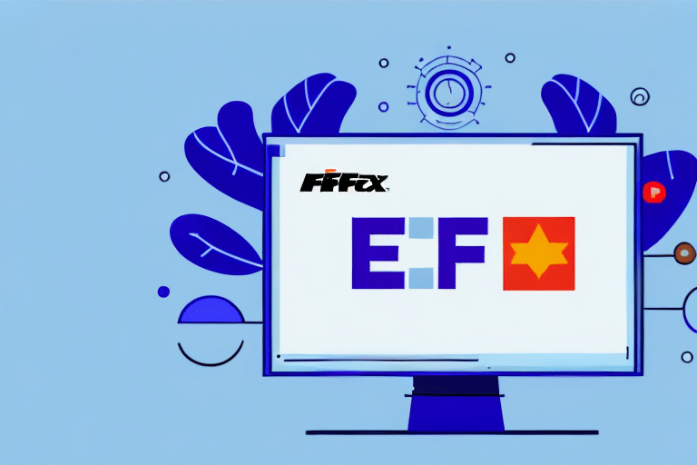 A blue computer screen features the logos of FifaX and E.F against a backdrop of abstract shapes, echoing a Windows Ship Manager interface.