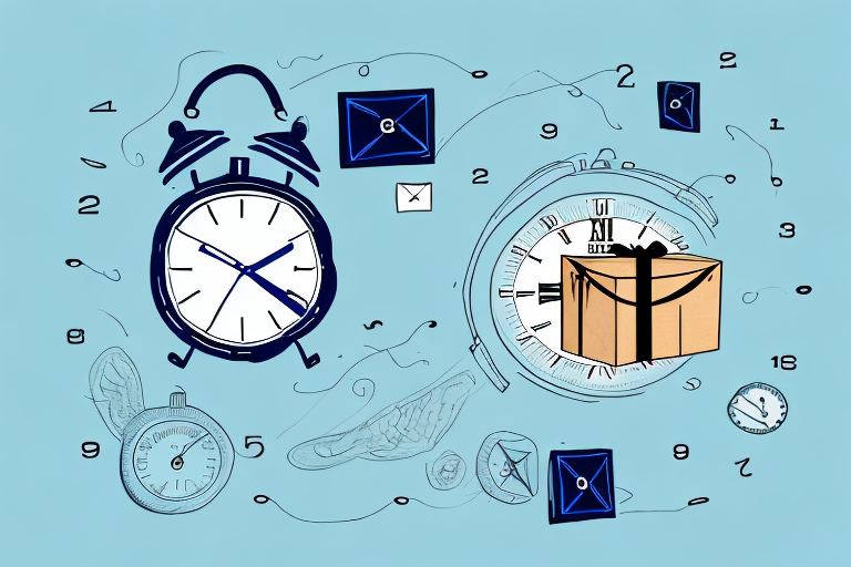 An abstract illustration featuring a mix of analog clocks, envelopes, and numeric elements against a light blue background. A cardboard box with a ribbon is integrated into the design, subtly hinting at late delivery and mailing themes.
