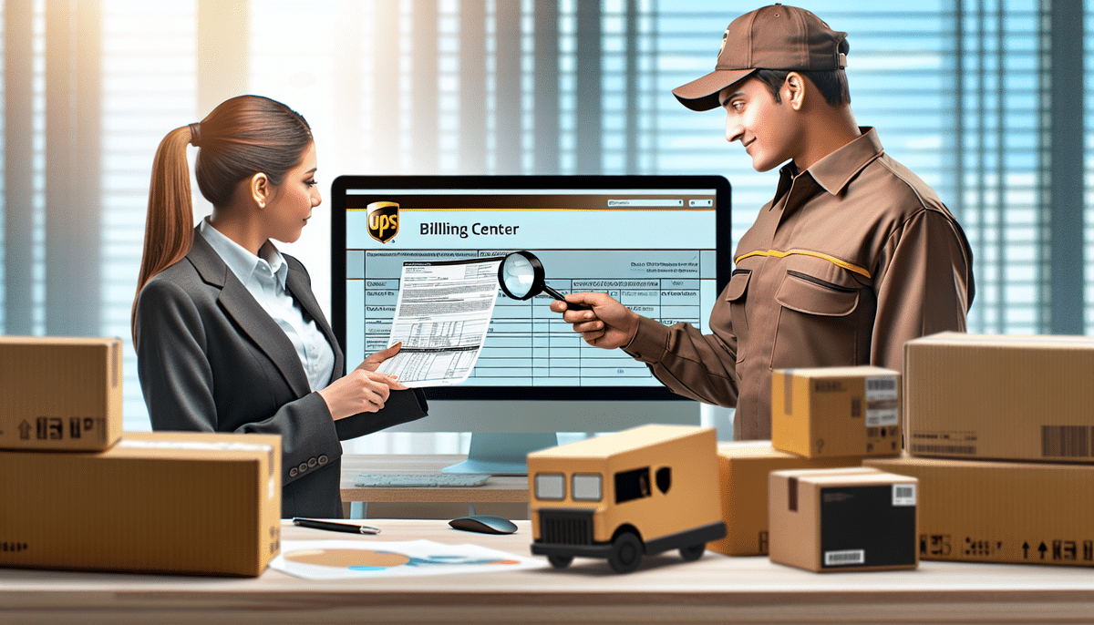 A woman in business attire and a delivery worker with a cap review an invoice using a magnifying glass in an office. A computer displays the UPS Shipping Charge Correction screen. Several packages are scattered across the desk.