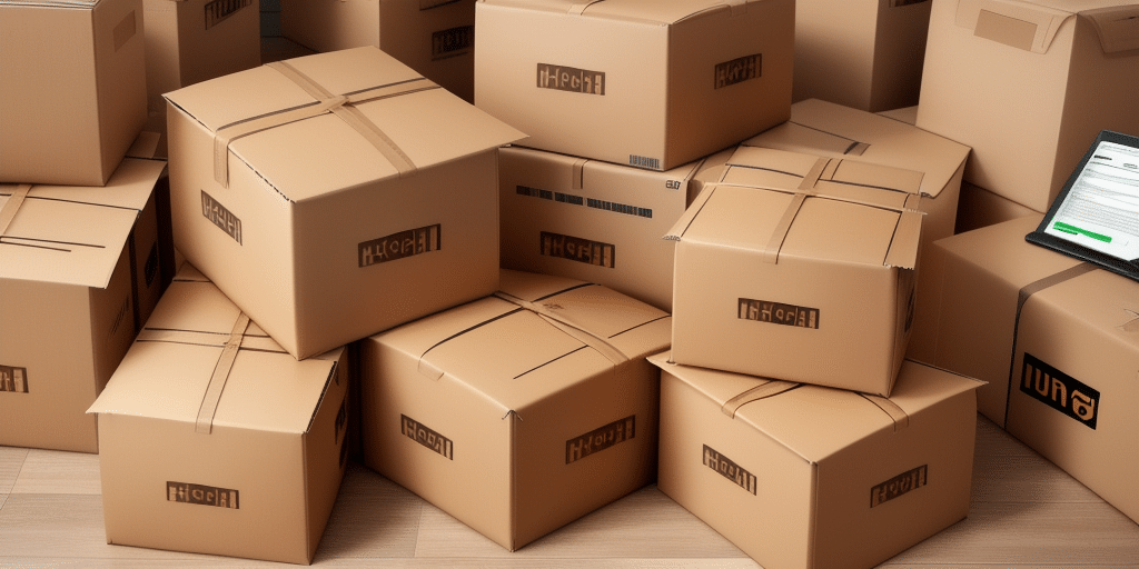 A pile of cardboard boxes labeled High FI sits on a wooden floor, awaiting their journey via UPS WorldShip. To the right, a tablet partially displays a document detailing their pending status.
