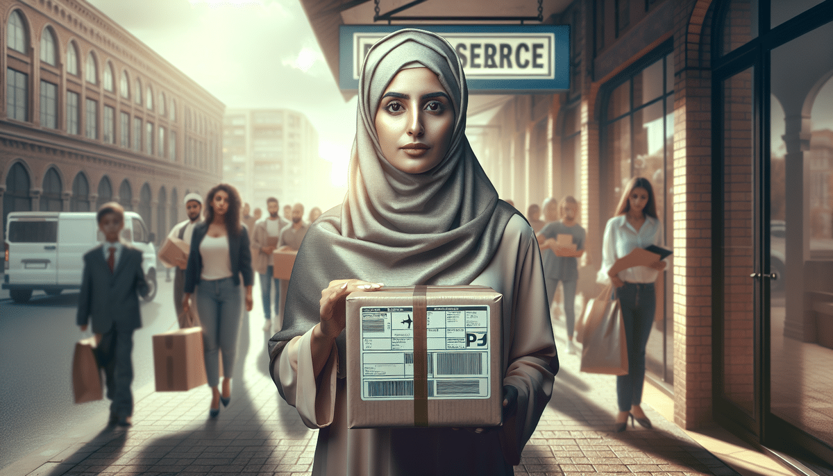 A woman wearing a hijab holds a package, standing in a busy street with people around her carrying packages. The bustling urban scene highlights delivery and logistics, as she double-checks the label to ensure it’s not meant for a wrong address before considering a return package via UPS.