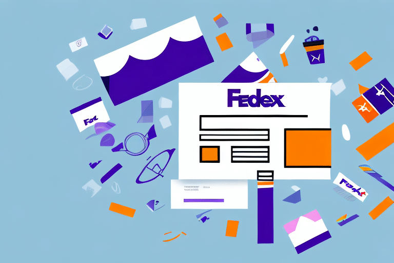 Illustration of various FedEx-branded items scattered on a light blue background, including envelopes, packages, and documents featuring prominent FedEx logos in purple and orange. A hint of FedEx Ship Manager integration subtly suggests seamless problem resolution within the depicted mail assortment.