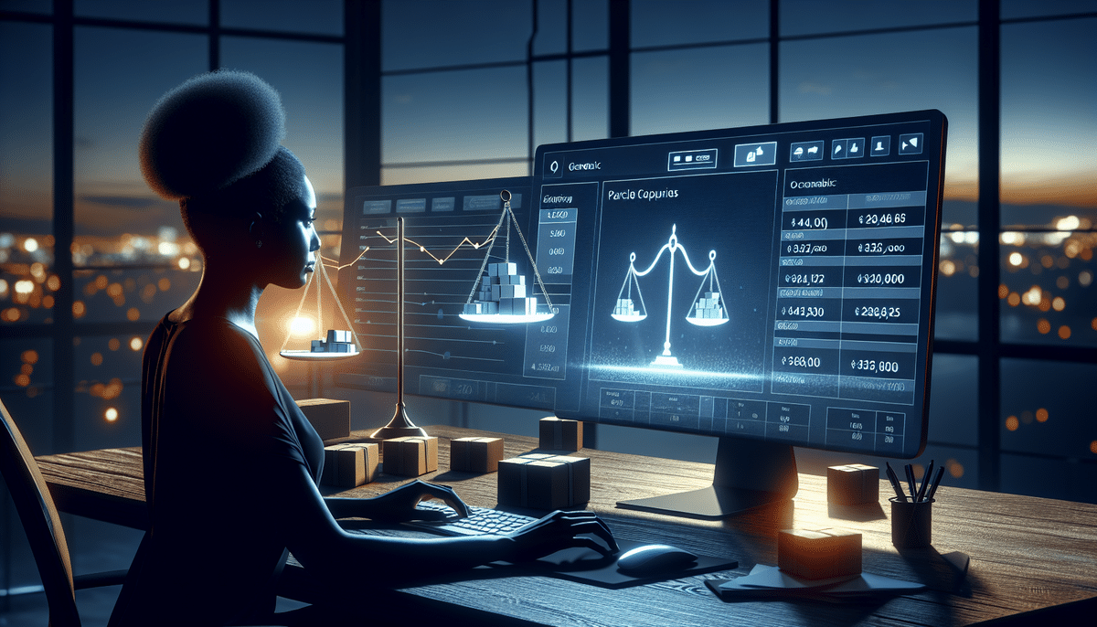 In a dimly lit office, a person works at a desk analyzing financial data on multiple screens showing graphs and balances. Through large windows, the city skyline looms, while they occasionally switch tabs to check shipping rates alongside spreadsheets of market figures.
