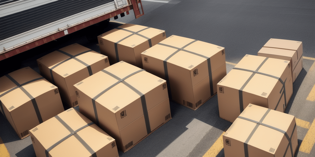 Several large cardboard boxes are stacked on the ground near an open truck at a loading dock. The boxes are neatly arranged, hinting at a well-organized UPS WorldShip operation, with the cargo area visible for efficient unloading or loading processes.