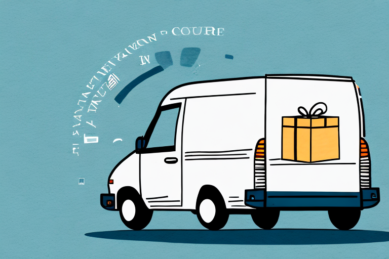 Illustration of a white delivery van with a large gift box icon on its side, driving against a blue background. Stylized letters and symbols swirl in the air, suggesting movement, communication, or even the steps to set up a courier account efficiently.