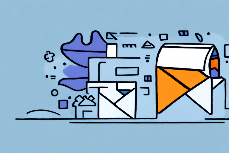A digital illustration of an open envelope, hinting at a set-up for ship alert emails, with abstract shapes and geometric elements floating around it. Set against a light blue background, the envelope features a prominently displayed orange interior resembling FedEx Ship Managers vibrant interface.