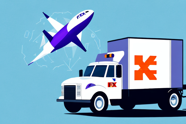 Illustration of a delivery truck and airplane with the FX logo. The truck, used for shipments, proudly displays a large orange logo, while the airplane soars above with a purple and white color scheme against the blue sky. Both are part of the FedEx Ship Manager fleet ensuring timely auto alerts.