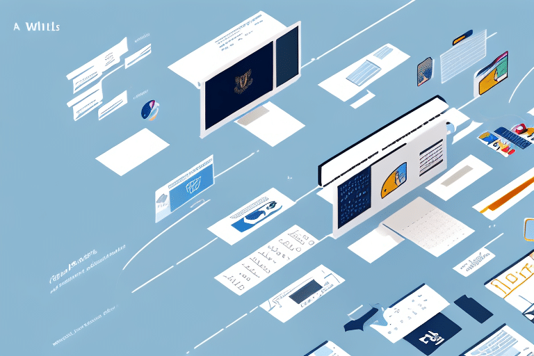 A digital illustration showcasing the setup of floating computer screens and digital elements on a blue background, symbolizing futuristic data interaction and technology use, much like managing multiple accounts in shipping software like UPS WorldShip.