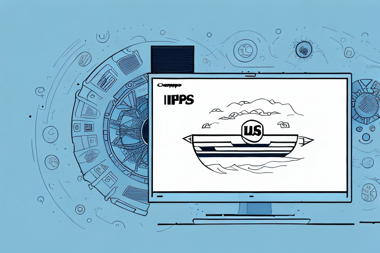 A digital illustration of a computer screen displaying a stylized ship with the letters US on it, reminiscent of UPS Worldship. The background features geometric patterns and circular designs on a blue backdrop, as if guiding you through an intuitive setup process.