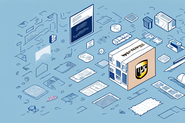Isometric illustration of a UPS package surrounded by office items like envelopes, documents, and stationery. Blue tones dominate the background, with a focus on setup instructions for UPS WorldShip beside the prominently featured box in the foreground.