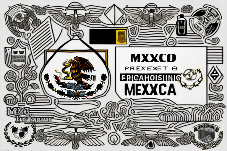 An artistic composition featuring a stylized eagle on a cactus with a snake, surrounded by elaborate geometric and abstract designs. Variations of Ship to Mexico in decorative fonts add unique text elements. The piece is primarily black and white with minimal color accents.