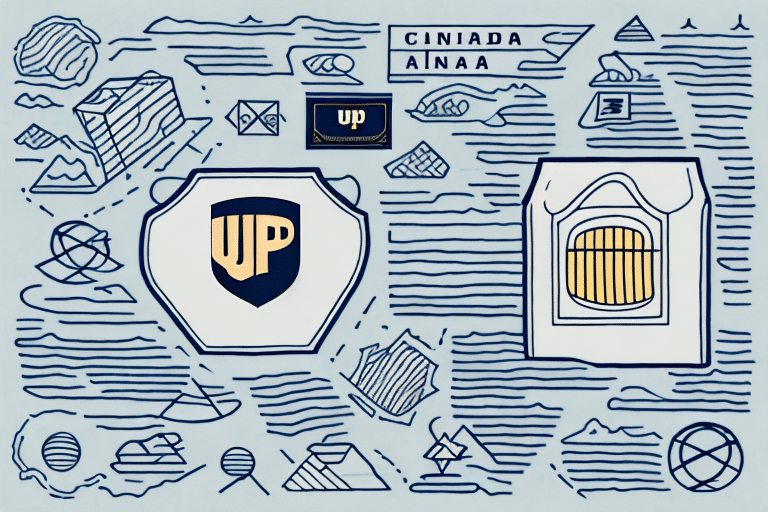 A stylized image features the letters UP in a shield design, with an emblem resembling an arched door. The background includes abstract shapes, lines, and the words CINIADA AINAA, creating a geometric pattern that evokes the efficiency of shipping guides like UPS Worldship.