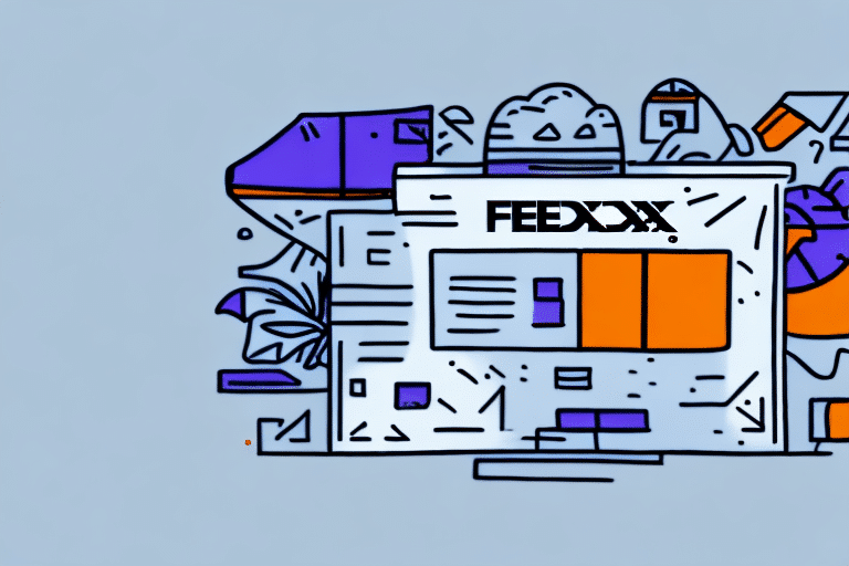 An abstract illustration of a FedEx package surrounded by plants and geometric shapes in shades of purple, blue, and orange. The design features the FedEx logo prominently in the center, subtly hinting at the efficiency of FedEx Ship Manager for shipping multiple packages.