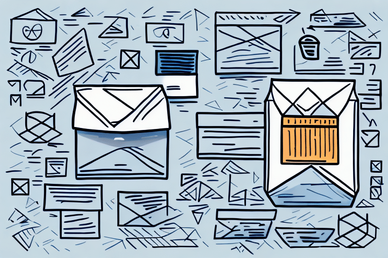 Illustration of various envelopes and letters on a light blue background, featuring different sizes and styles, with abstract sketches of stamps and paper. Perfect for a FedEx Ship Manager guide, this artwork highlights versatility in shipping to multiple locations efficiently.