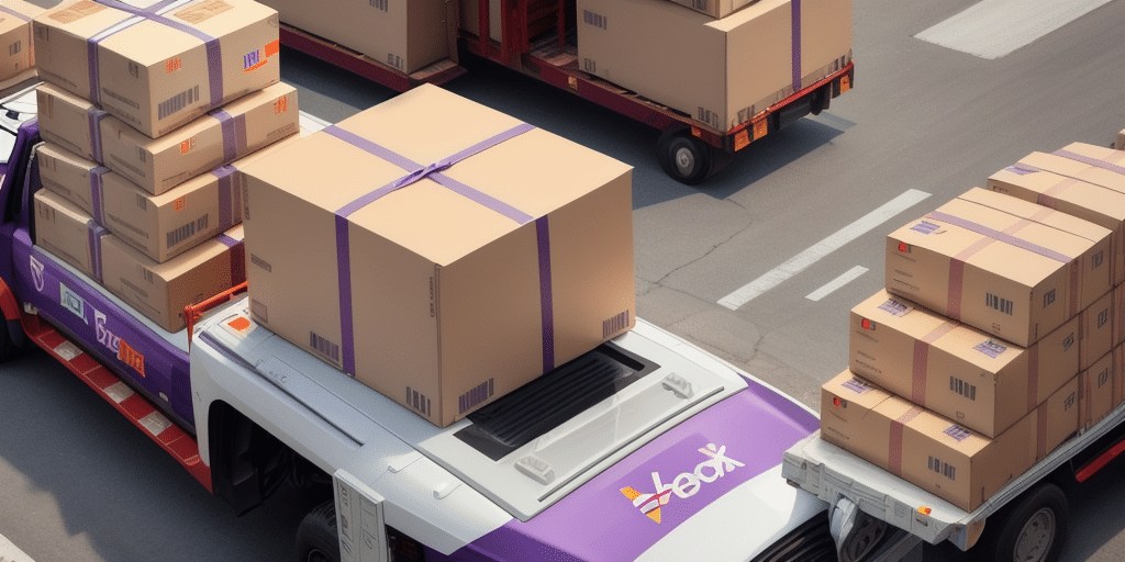 A fleet of delivery trucks, each loaded with large cardboard boxes secured with purple straps, is on a bustling city street poised for dispatch. The vehicles, branded with a logo akin to b_x, are seamlessly managed by FedEx Ship Manager for efficient urban logistics.