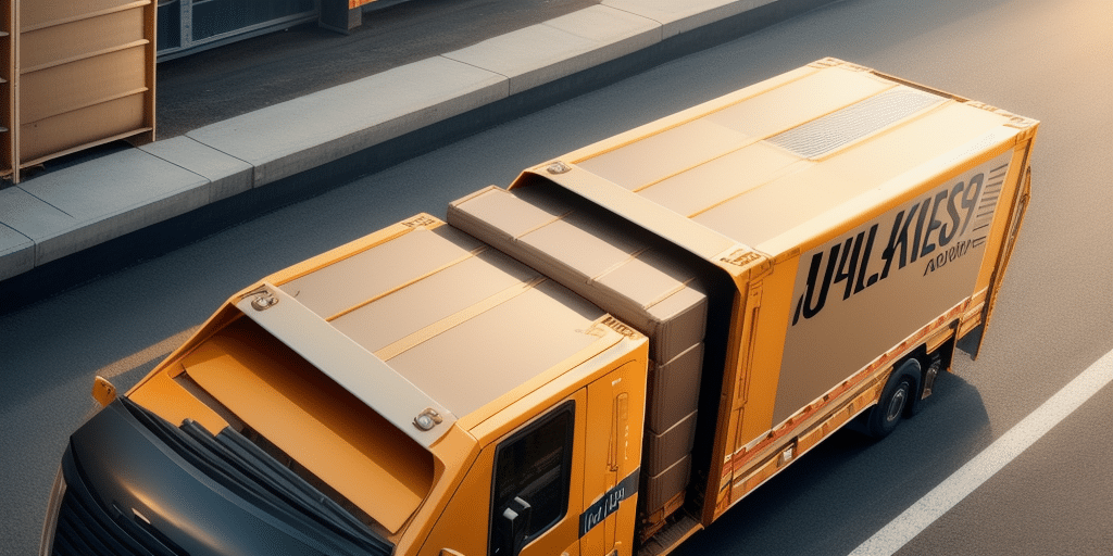 Aerial view of an orange delivery truck on a road, loaded with large packages. The truck features branding on its side, benefiting from UPS WorldShip for faster shipping. Nearby, similar vehicles and containers are visible.