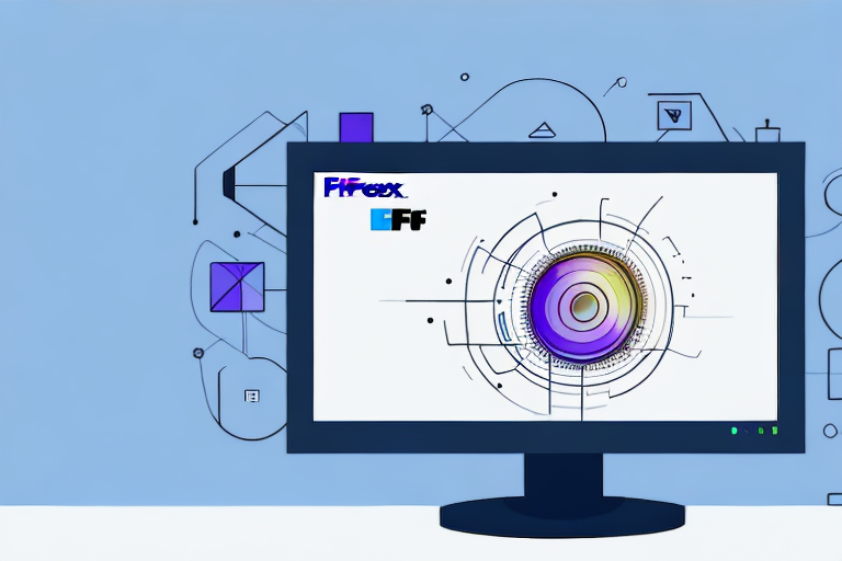 A computer monitor displaying a futuristic digital interface with circuit-like graphics and a central circular design shows FedEx Ship Managers dashboard. The background features abstract geometric shapes and icons on a light blue wall, ideal for streamlining tasks like printing daily reports.