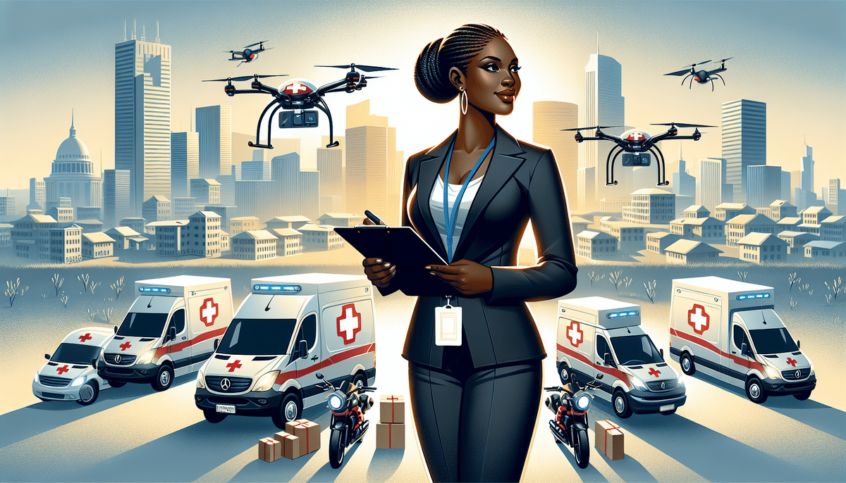 A woman in professional attire stands confidently with a clipboard, ready to start a medical courier service. Behind her, ambulances, motorcycles, and drones marked with red crosses fill the cityscape of towering buildings under a bright sky.