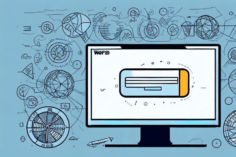 A computer monitor displays a loading bar, reminiscent of UPS Worldship version updates, against a backdrop of abstract geometric and mechanical shapes. These designs suggest technology or engineering concepts with a blue background showcasing various circular and linear patterns that tell a story of innovation.