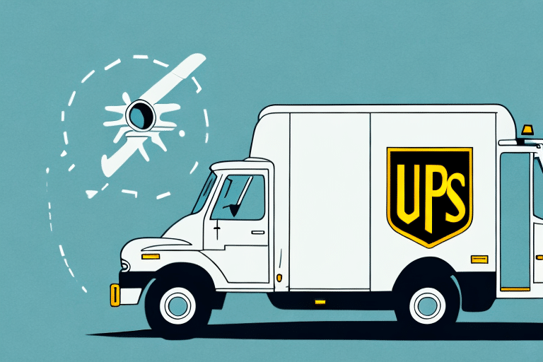 Illustration of a UPS delivery truck featuring a large, stylized UPS logo. Behind it, an airplane outline symbolizes air and ground delivery services, set against a blue background, emphasizing the seamless integration of UPS WorldShip for efficient logistics.