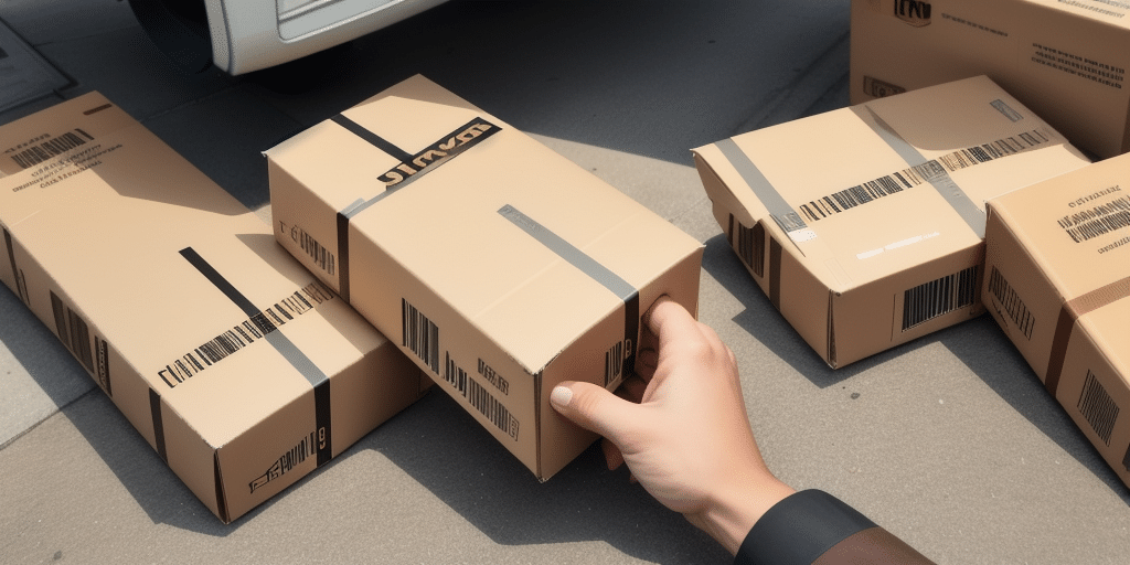 A hand reaches for one of several cardboard packages next to a vehicle, each marked with barcodes and black tape. The scene suggests a delivery or moving process in progress, possibly organized with UPS Worldship for efficient account number adjustment.