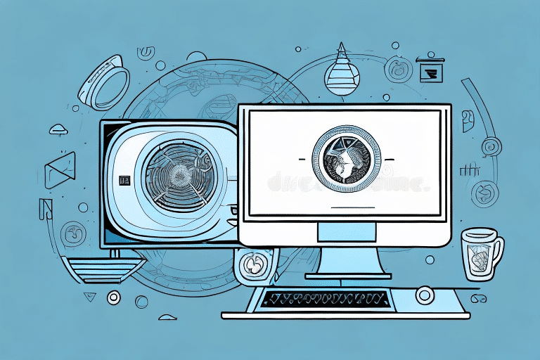 Illustration of a computer with a camera and globe, surrounded by digital icons and elements, symbolizing global communication or technology. A blue backdrop enhances the scene, while a coffee cup on the right suggests late nights handling end-of-day reports and printing via UPS WorldShip.