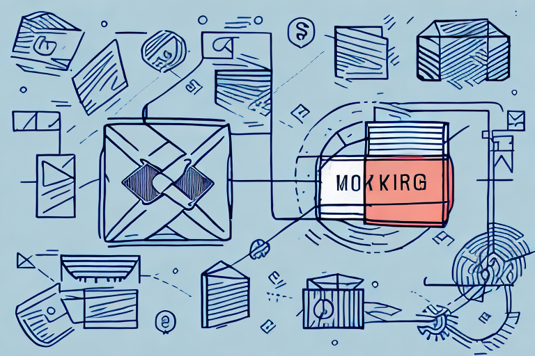 An abstract illustration depicting interconnected elements such as envelopes, documents, and digital symbols represents the complexity of services like FedEx SmartPost. A prominent square labeled MOKKIRG is highlighted in red amidst lines and geometric shapes on a light blue background.