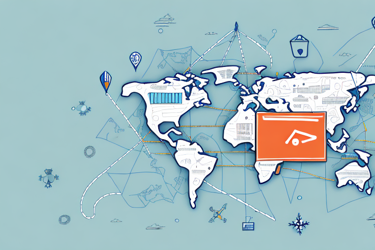 A blue map of the world features illustrations of planes and ships symbolizing transportation, with a prominent orange icon featuring a musical note for global music distribution. Lines connect continents, evoking the interconnectedness akin to tracking packages via FedEx SmartPost.