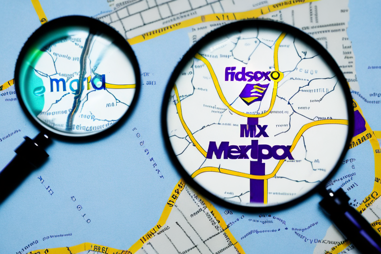 Two magnifying glasses focus on a map, highlighting the words MEX and Merkro in bold purple letters, akin to an intricate shipment tracking system. The colorful labels and map details evoke the precision of FedEx SmartPost or USPS Tracking in action.
