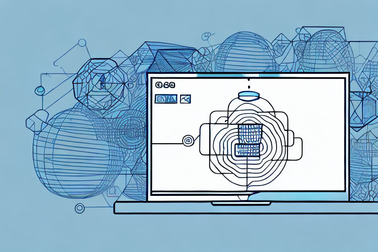 A computer monitor displays a complex geometric design, reminiscent of UPS Tracking routes, featuring overlapping lines and a circuit-like pattern. In the background, abstract 3D shapes and spheres are connected by lines against a light blue backdrop.