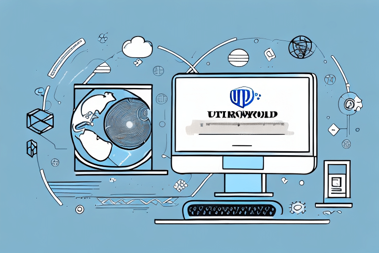 A stylized computer screen displays UTROWORLD amid digital and globe graphics, set against a light blue backdrop. The elements, reminiscent of UPS WorldShip data transfer, suggest themes of connectivity and technology.