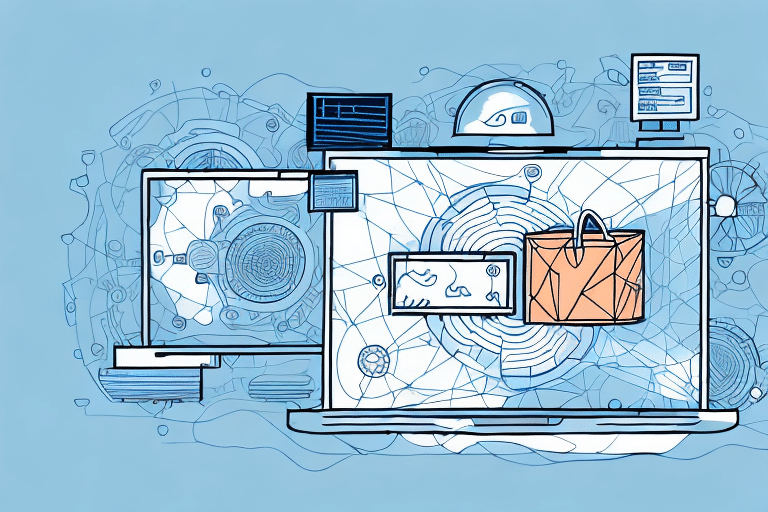 An abstract illustration of a laptop with interconnected icons, such as a briefcase, money, and tracking numbers. The design suggests themes of technology, finance, and digital connectivity, enhanced by a blue and white color scheme.