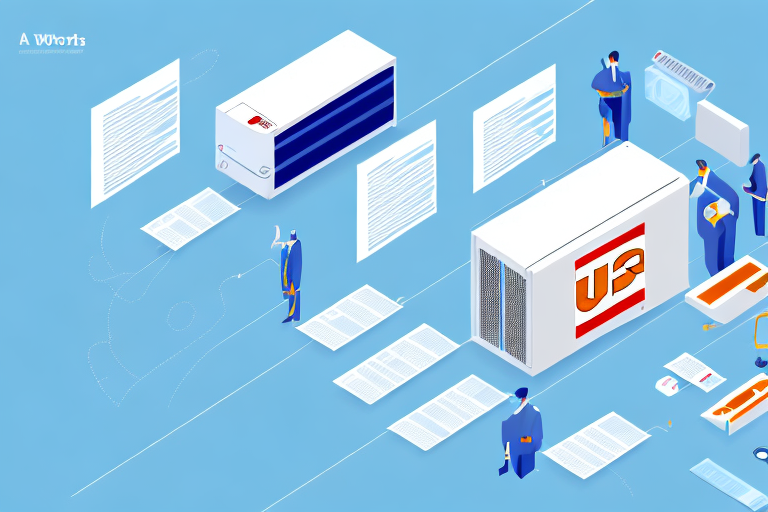 Isometric illustration of people in a digital office setting, troubleshooting with database servers and screens displaying documents. Characters interact with technology, featuring a predominantly blue and white color scheme with red accents on some devices.