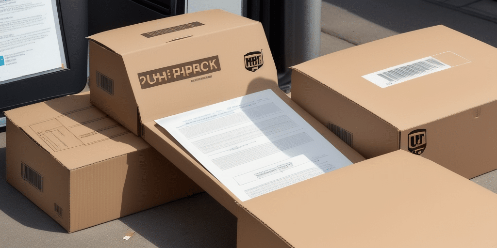 Four cardboard boxes with shipping labels are neatly stacked beside a door, ready for transit. A document with text is partially visible atop one box, likely printed via UPS WorldShip for streamlined tracking and delivery.