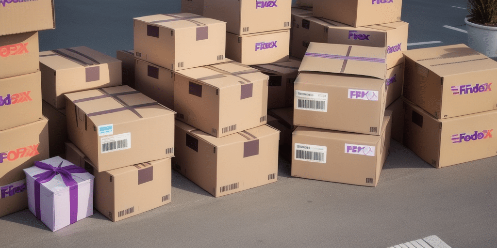A large stack of FedEx cardboard boxes is neatly arranged on a paved surface. Nestled in the lower-left corner, amidst anticipation of new rates and updates, is a smaller box wrapped with a purple ribbon and bow.