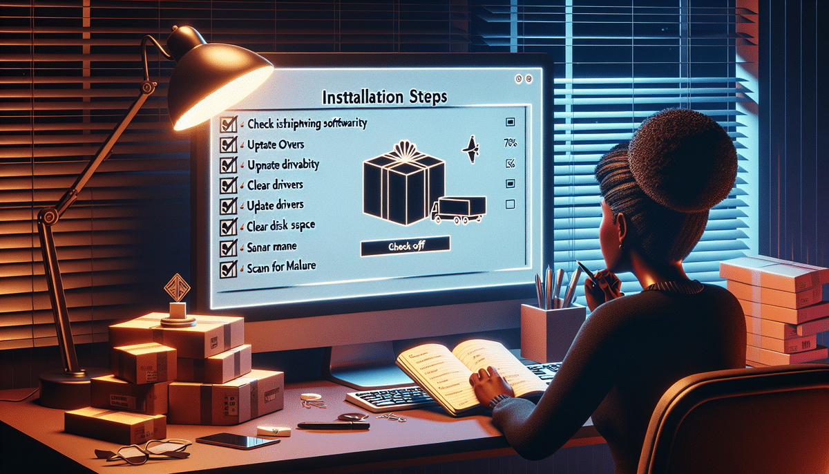 A person sits at a desk, reviewing installation steps on a computer screen in a dimly lit room. The screen displays an installation checklist for FedEx Ship Manager updates. Various packages are stacked beside the person, who is writing in an open notebook.